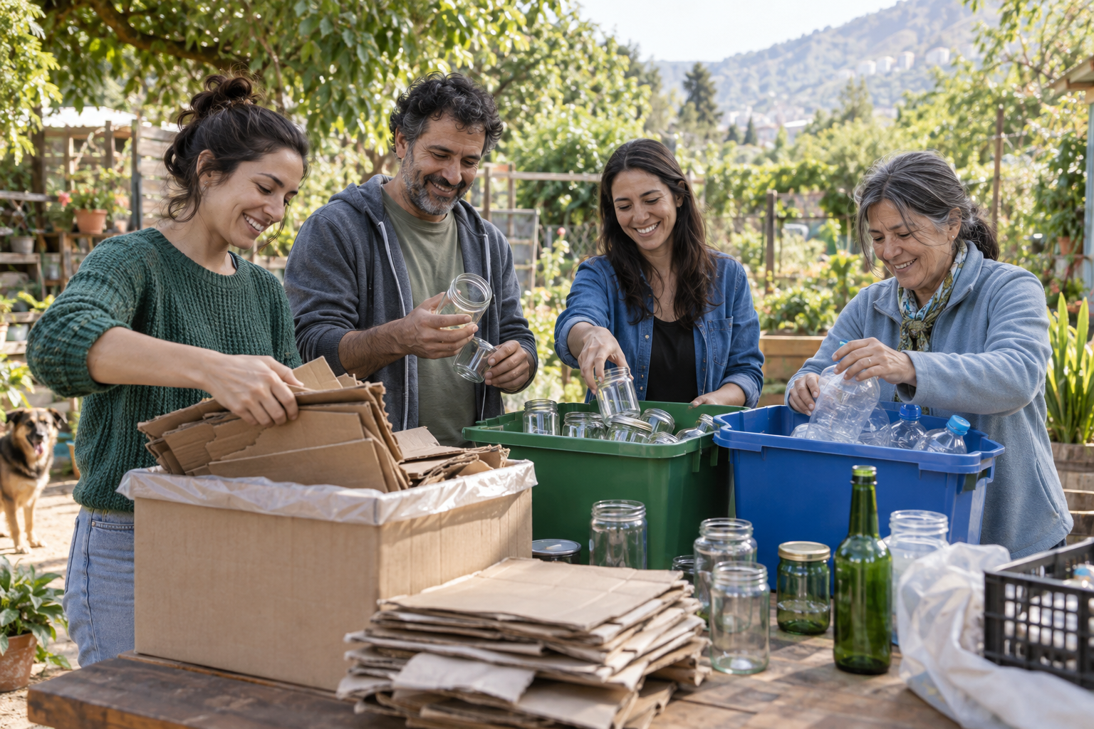 Vecinos separando materiales en un punto de reciclaje